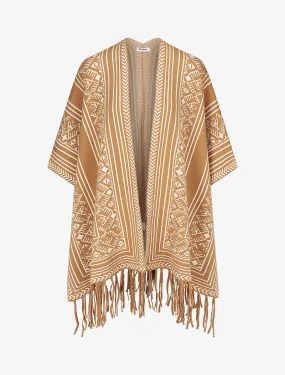 Poncho à imprimé graphique et franges - Camel