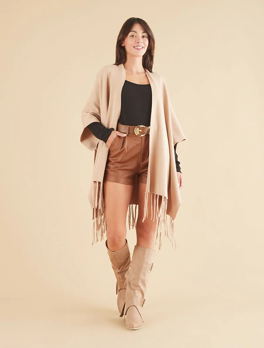 Poncho uni et franges - Camel