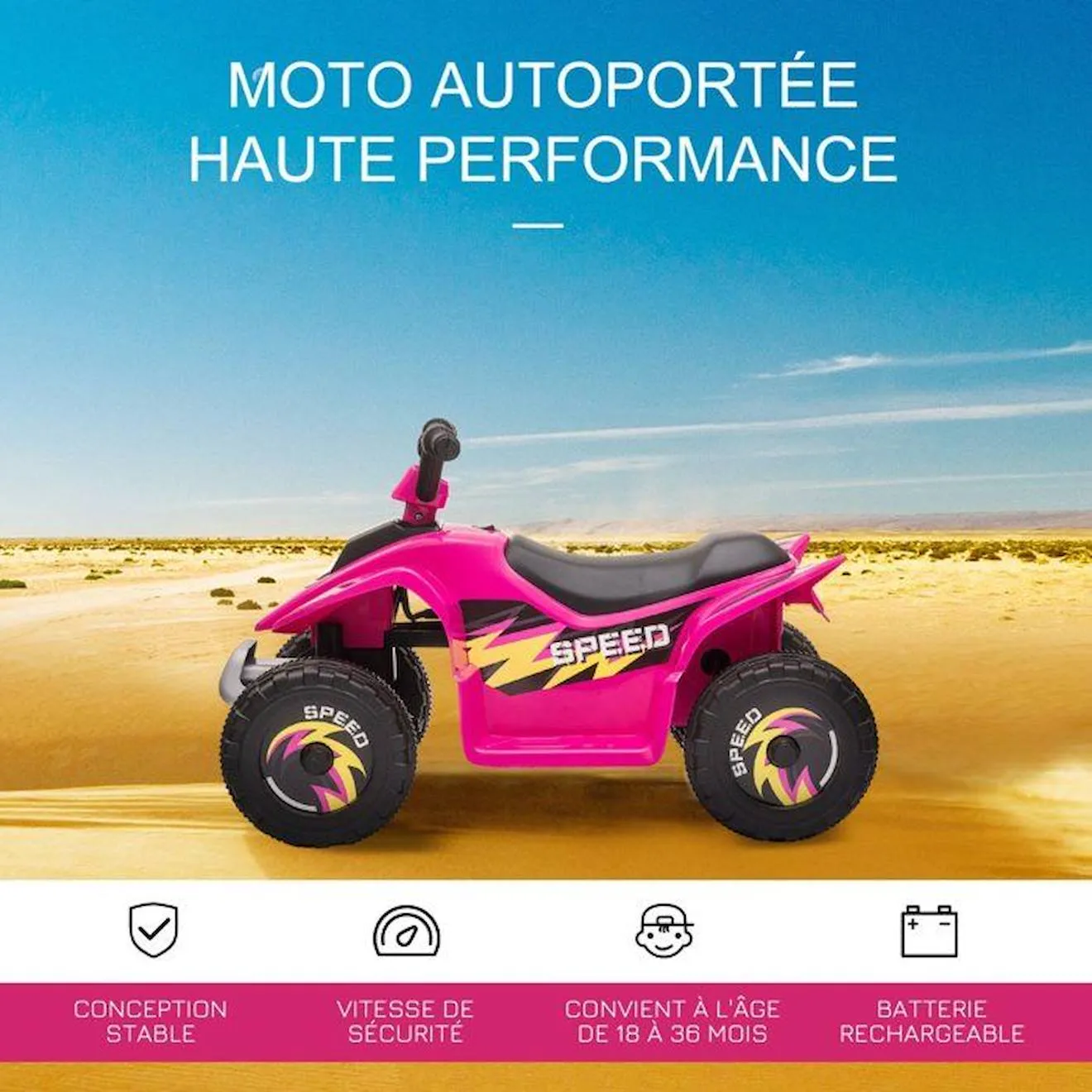 Quad électrique enfant - voiture électrique enfant - marche AV, AR - 6 V, V. max. 4,6 Km/h - rose blanc - Homcom