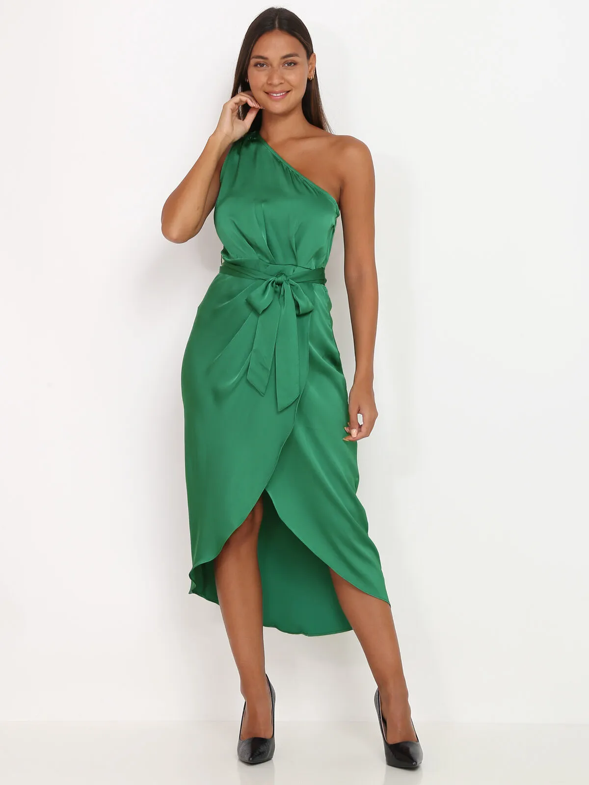 Robe asymétrique satinée- Vert