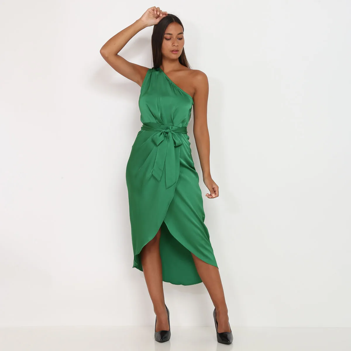 Robe asymétrique satinée- Vert