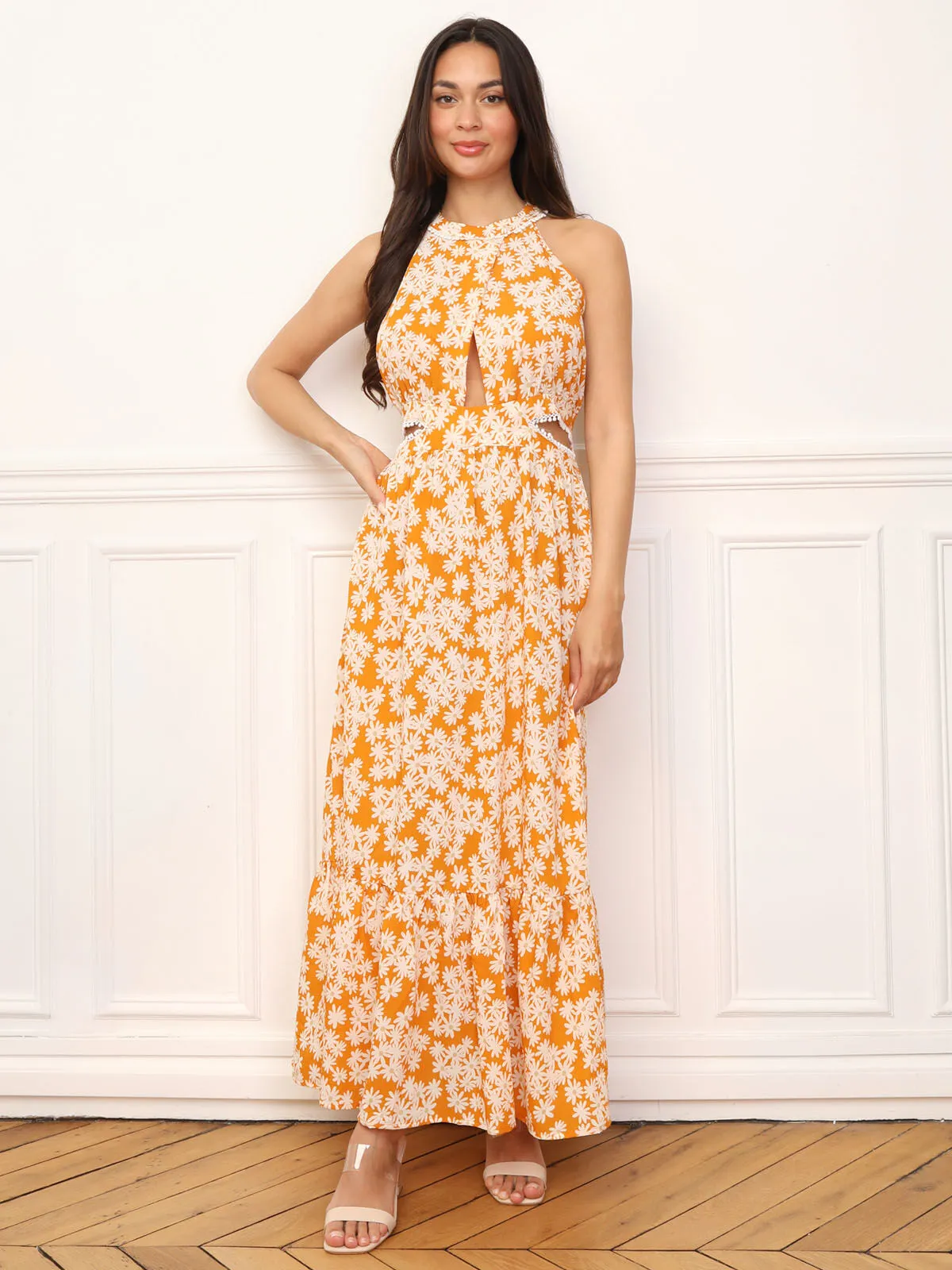 Robe cut-out à fleurs et broderie- orange