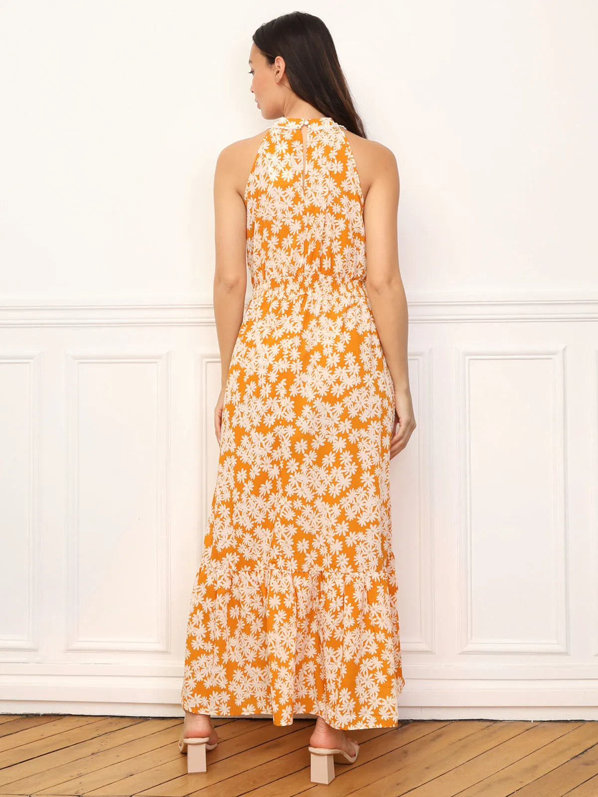 Robe cut-out à fleurs et broderie- orange