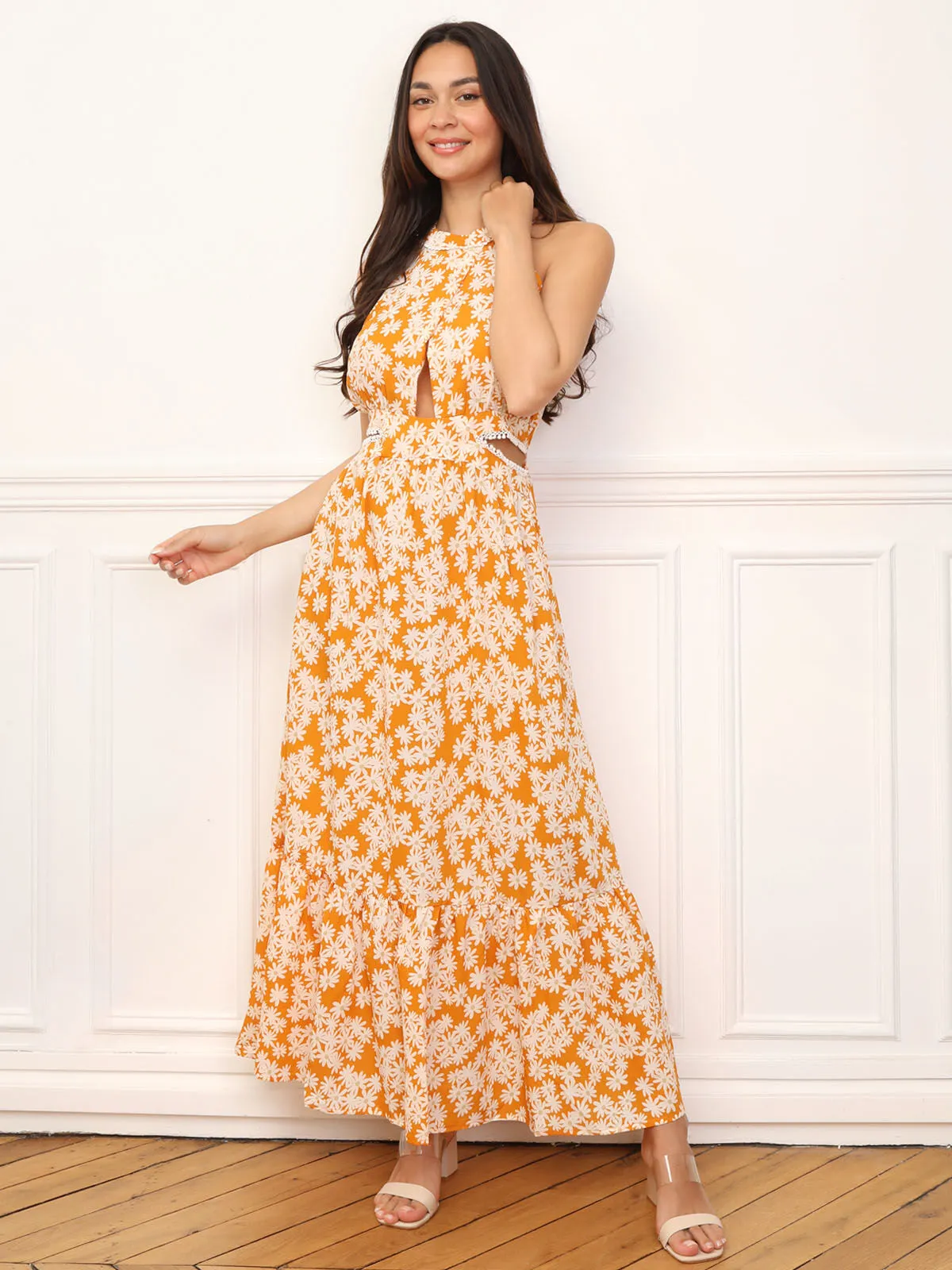 Robe cut-out à fleurs et broderie- orange