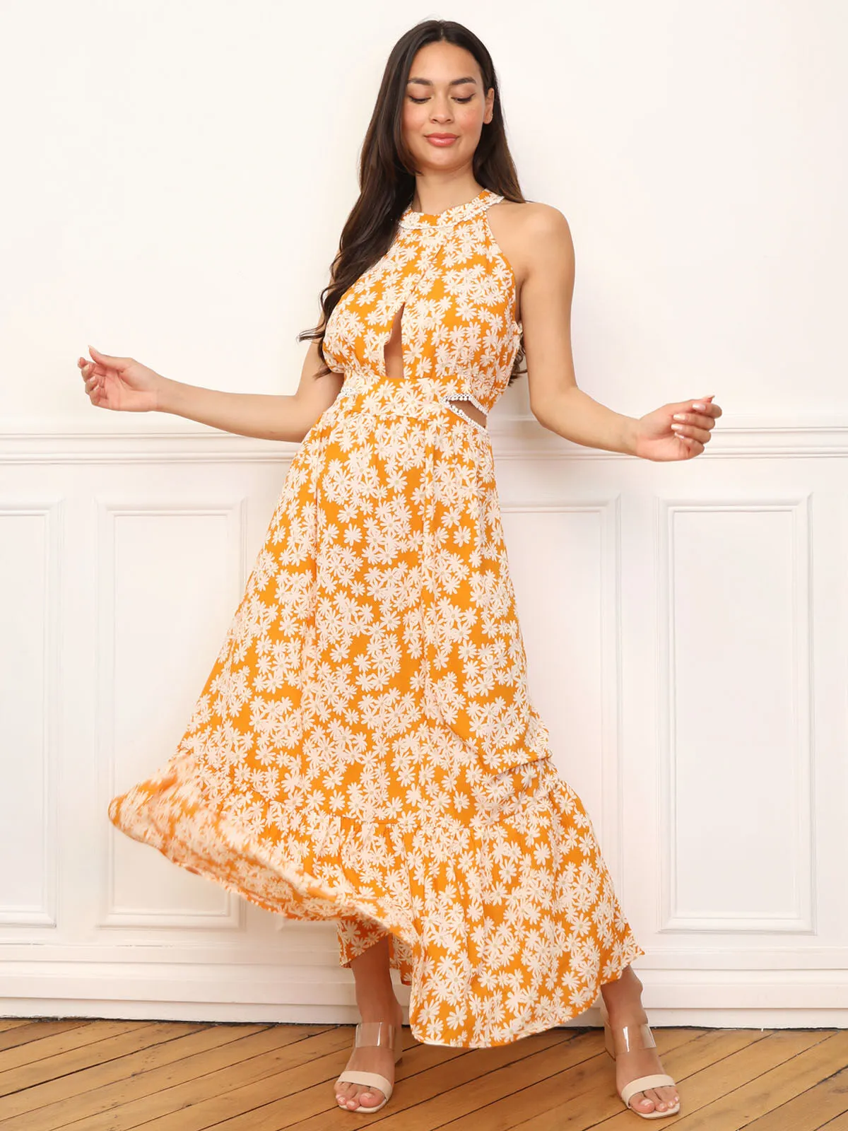 Robe cut-out à fleurs et broderie- orange