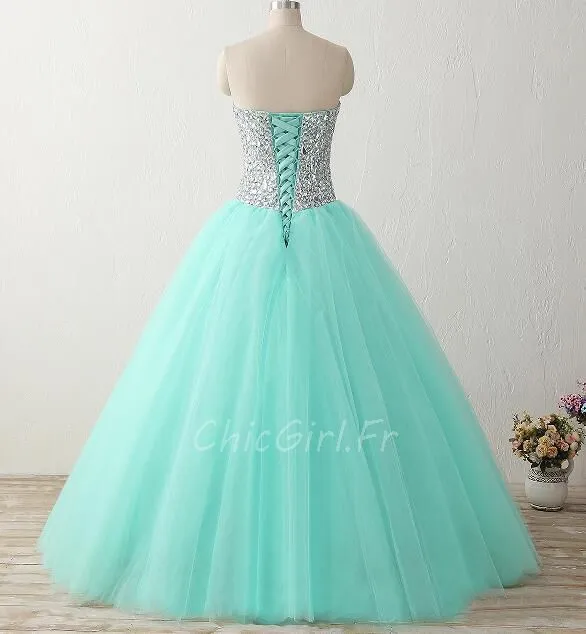 Robe De Bal Scintillante Longue Vert d'eau Tulle Strass Bandeau