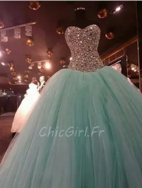 Robe De Bal Scintillante Longue Vert d'eau Tulle Strass Bandeau