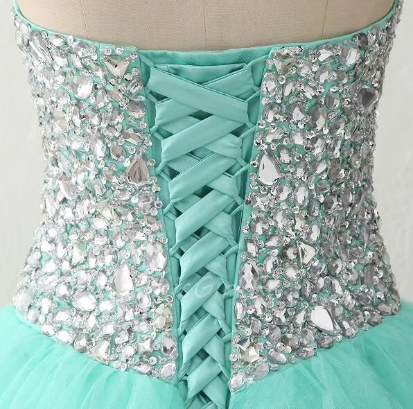 Robe De Bal Scintillante Longue Vert d'eau Tulle Strass Bandeau