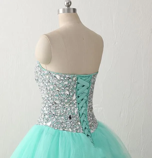 Robe De Bal Scintillante Longue Vert d'eau Tulle Strass Bandeau