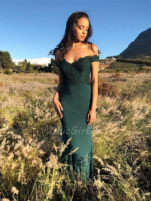 Robe De Soirée Longue Vert Sapin Satin Dentelle Epaule Dénudée