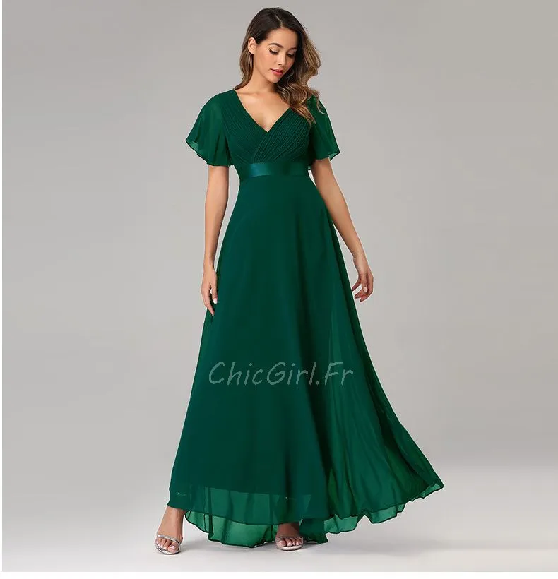 Robe De Soirée Style Empire Longue Vert Bouteille Manche Papillon