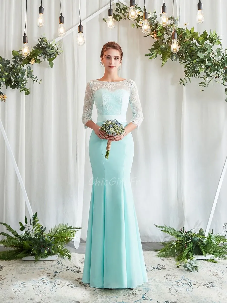 Robe Demoiselle D Honneur Pastel Sirene Mousseline Vert d'eau Avec Manche Dentelle