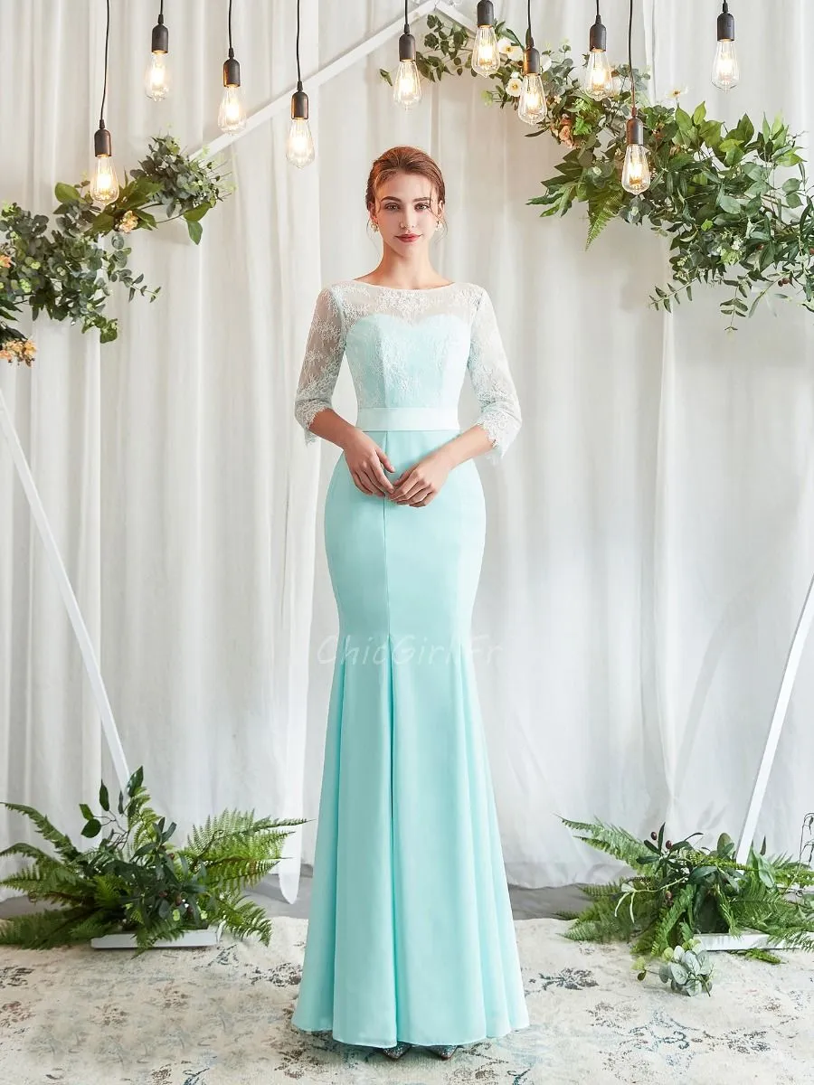 Robe Demoiselle D Honneur Pastel Sirene Mousseline Vert d'eau Avec Manche Dentelle