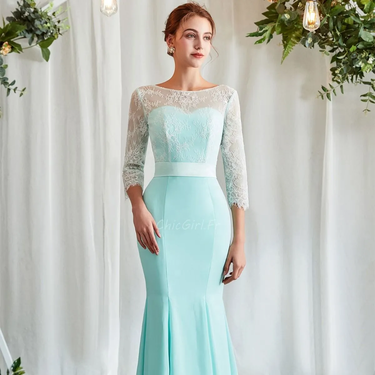 Robe Demoiselle D Honneur Pastel Sirene Mousseline Vert d'eau Avec Manche Dentelle