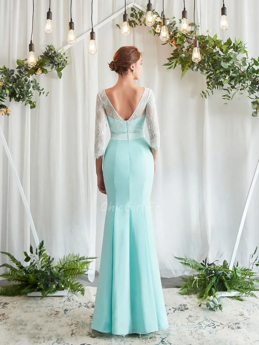 Robe Demoiselle D Honneur Pastel Sirene Mousseline Vert d'eau Avec Manche Dentelle