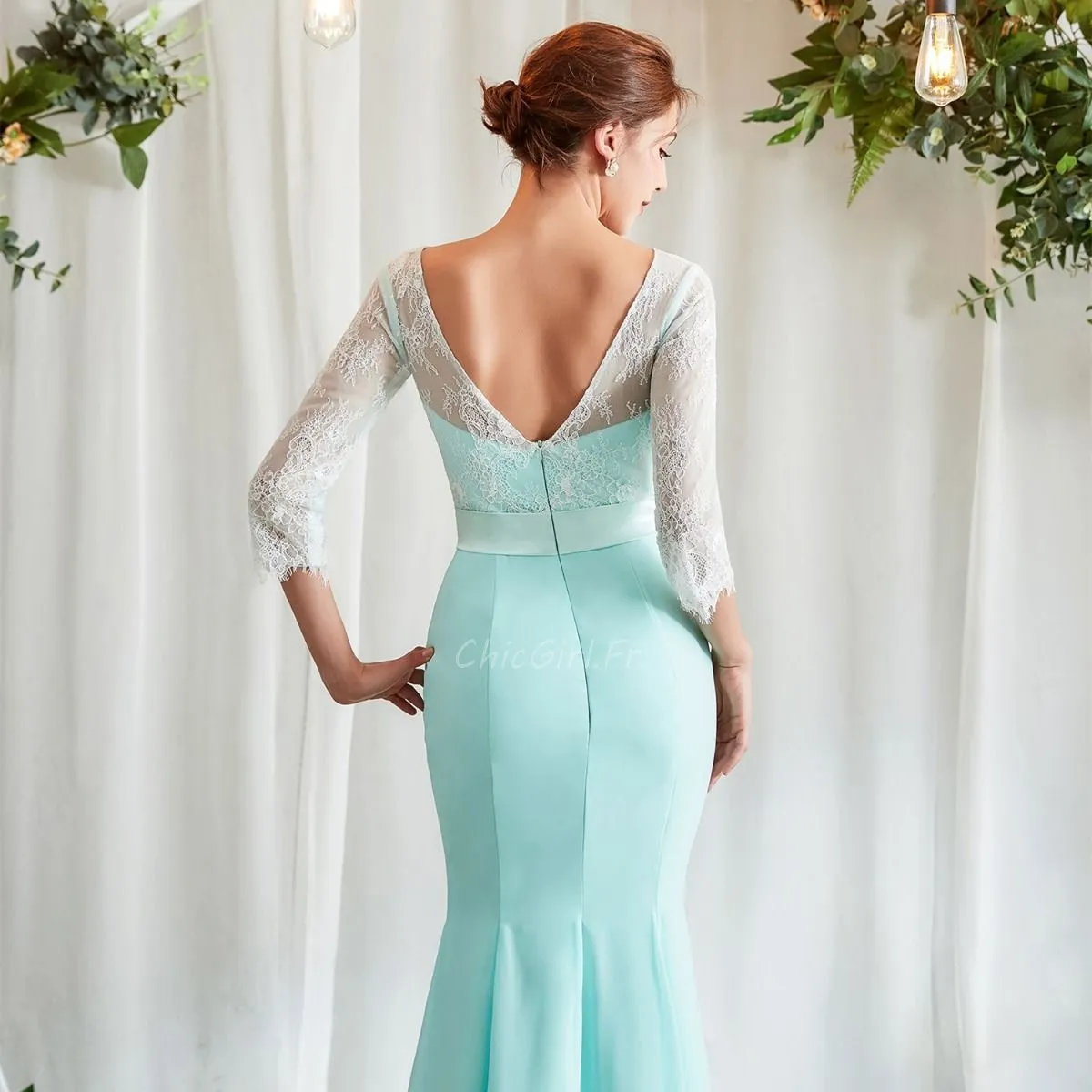 Robe Demoiselle D Honneur Pastel Sirene Mousseline Vert d'eau Avec Manche Dentelle