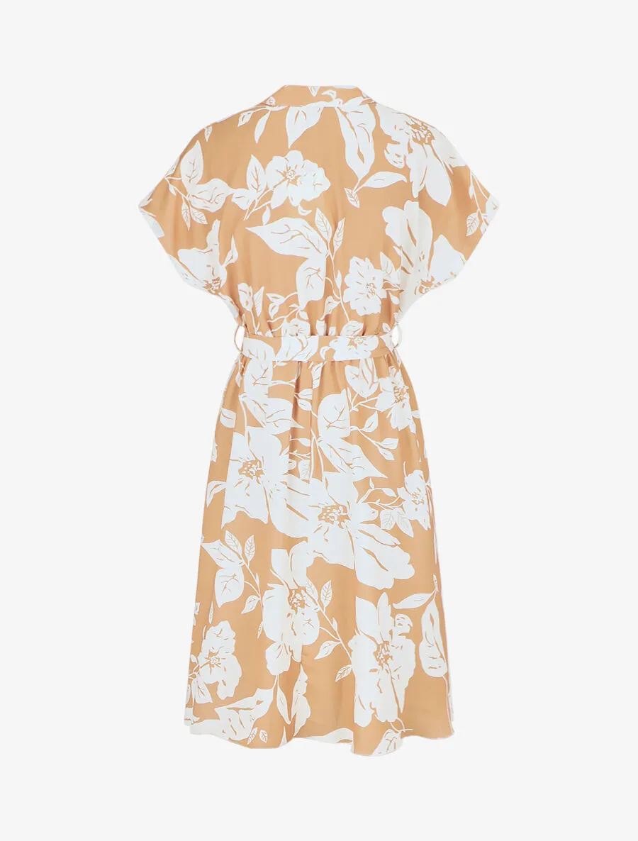 Robe longue élastiquée imprimé feuilles - Camel