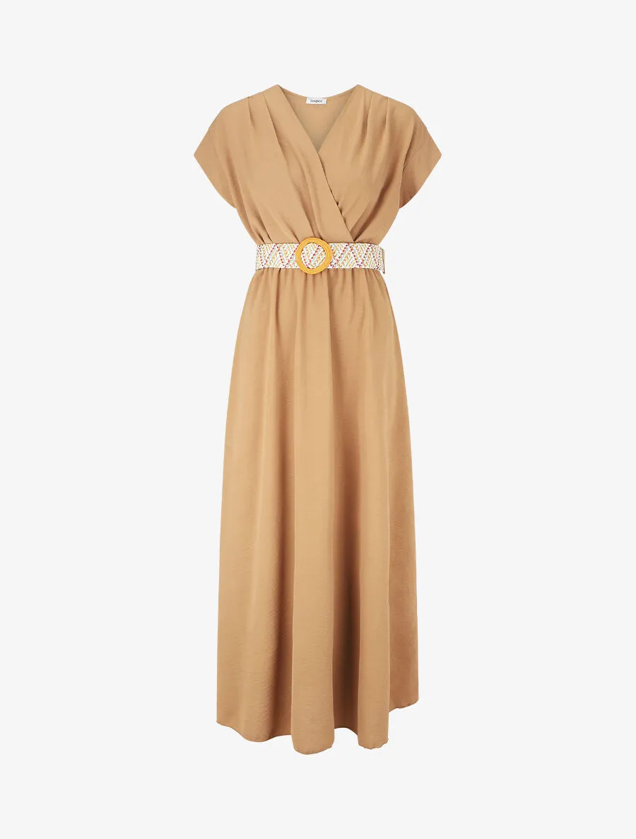 Robe longue unie élastiquée et ceinturée - Camel