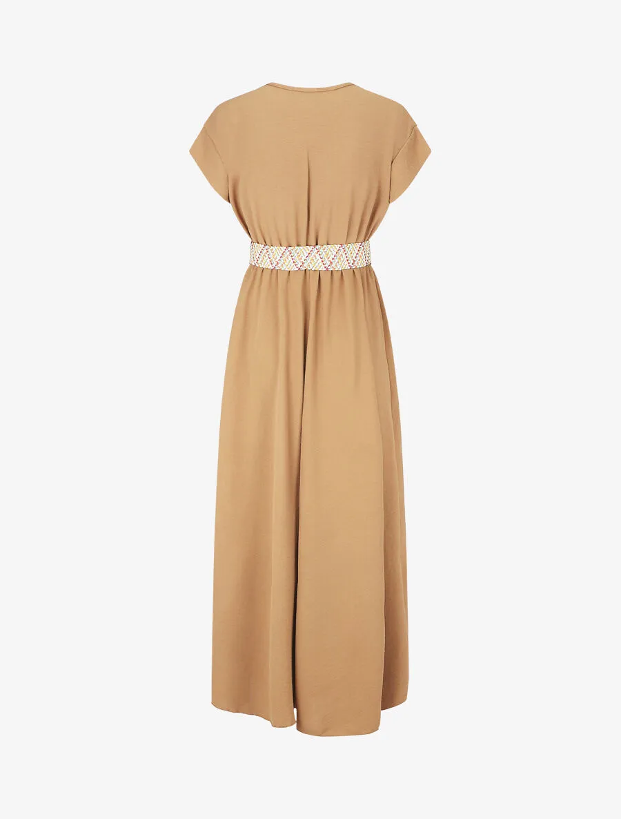 Robe longue unie élastiquée et ceinturée - Camel