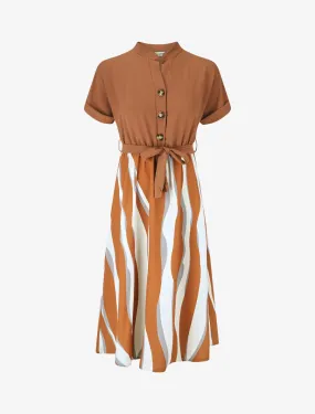 Robe midi manches courtes motifs graphiques - Camel