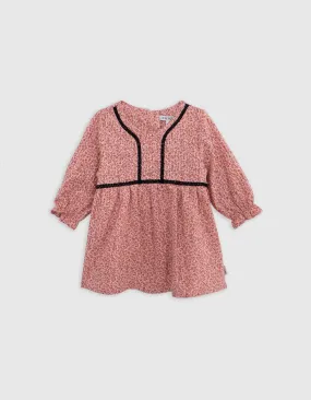 Robe rose coton bio petites fleurs faux-uni bébé fille