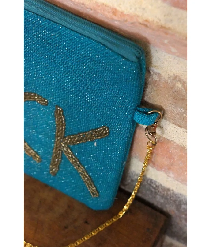 santaia pochette rock bandoulière jute bleu turquoise perles dorées