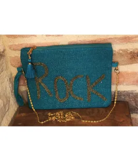 santaia pochette rock bandoulière jute bleu turquoise perles dorées