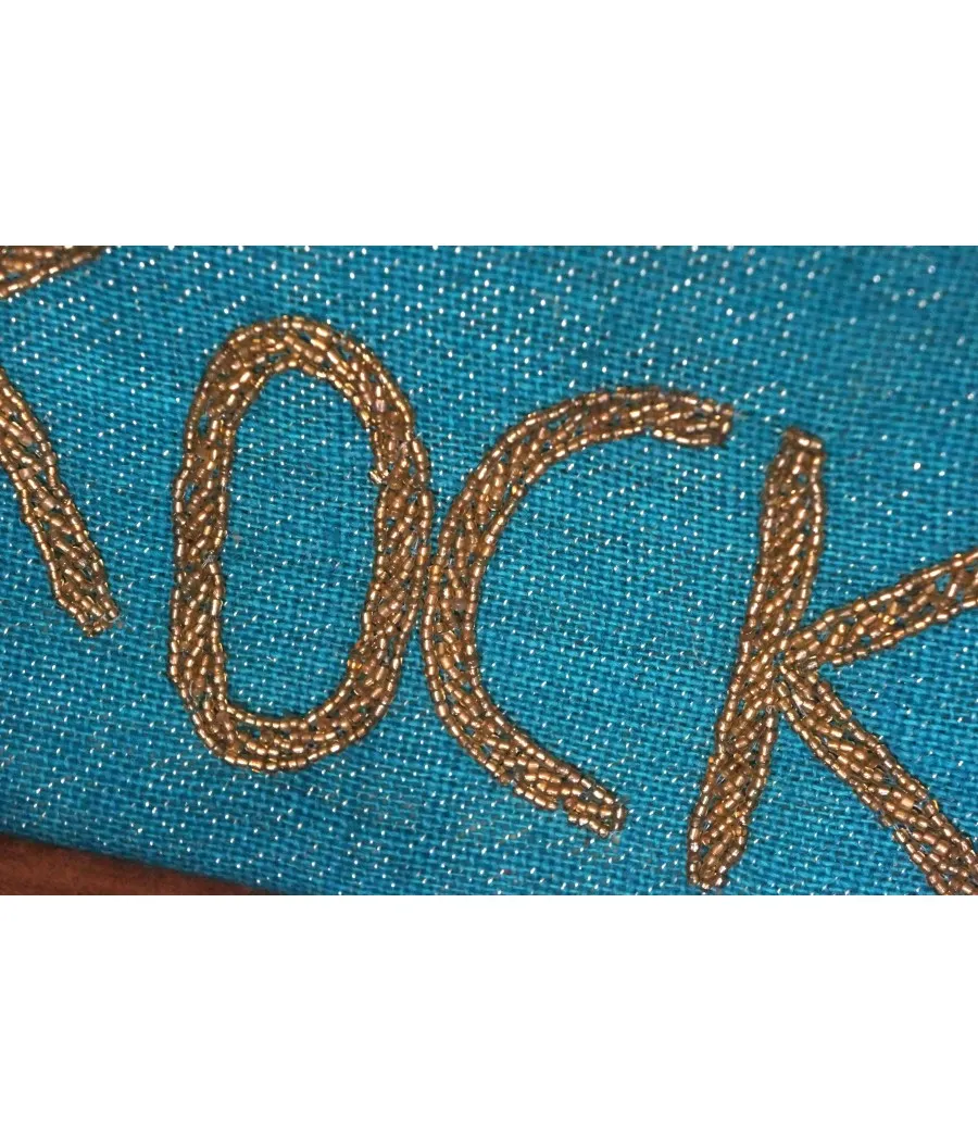 santaia pochette rock bandoulière jute bleu turquoise perles dorées