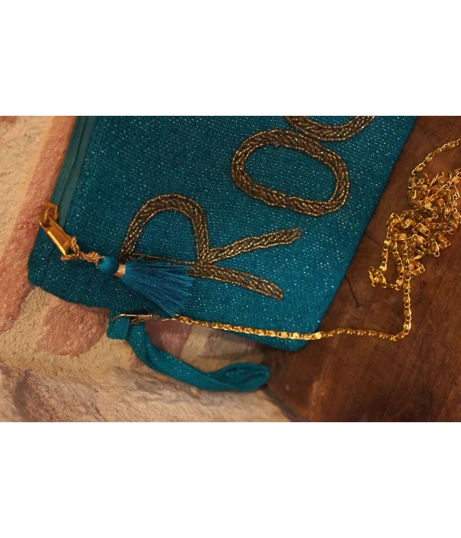 santaia pochette rock bandoulière jute bleu turquoise perles dorées