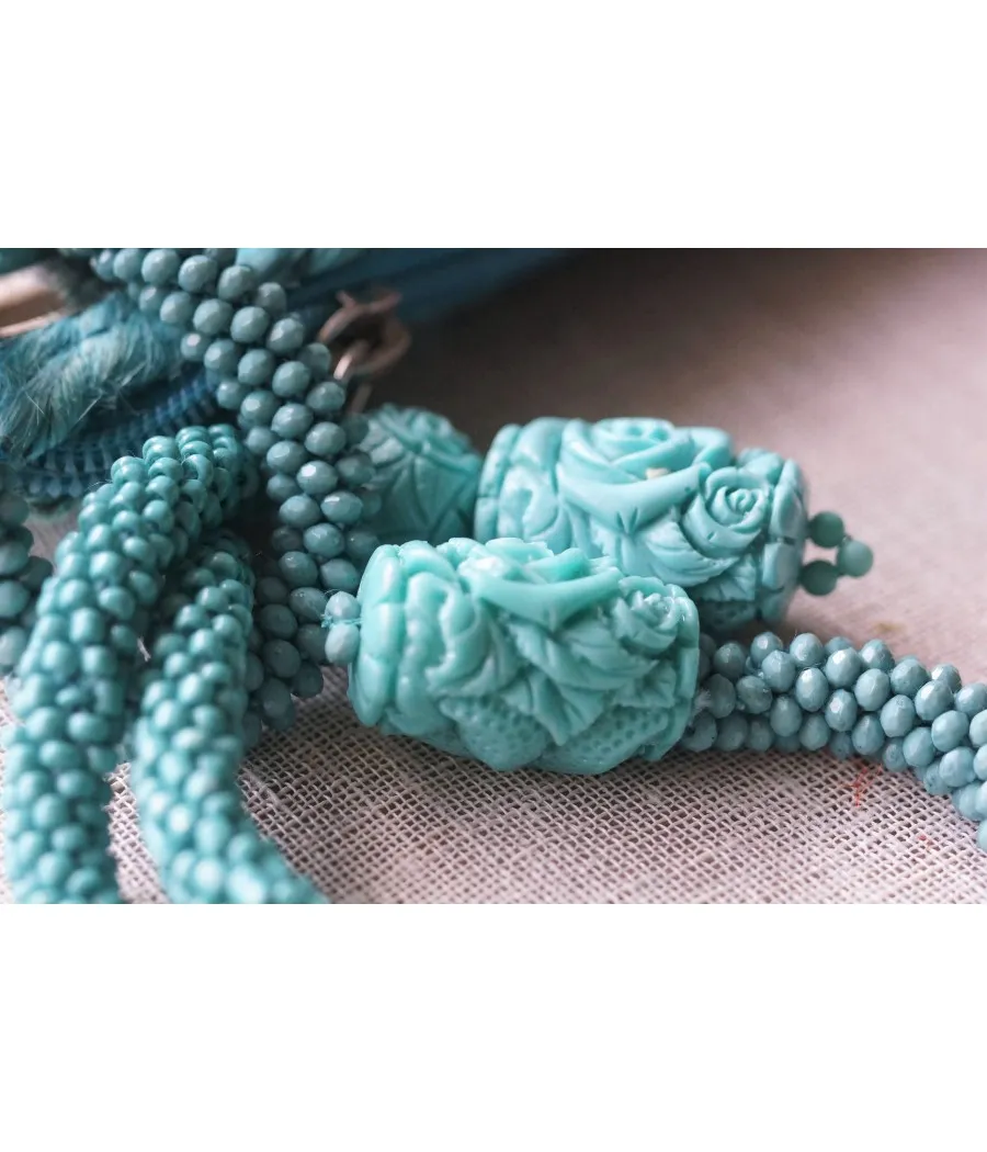 SANTAIA POCHETTE TRESSES DE JUTE TURQUOISE LANIERE PERLES BOHÊME CHIC