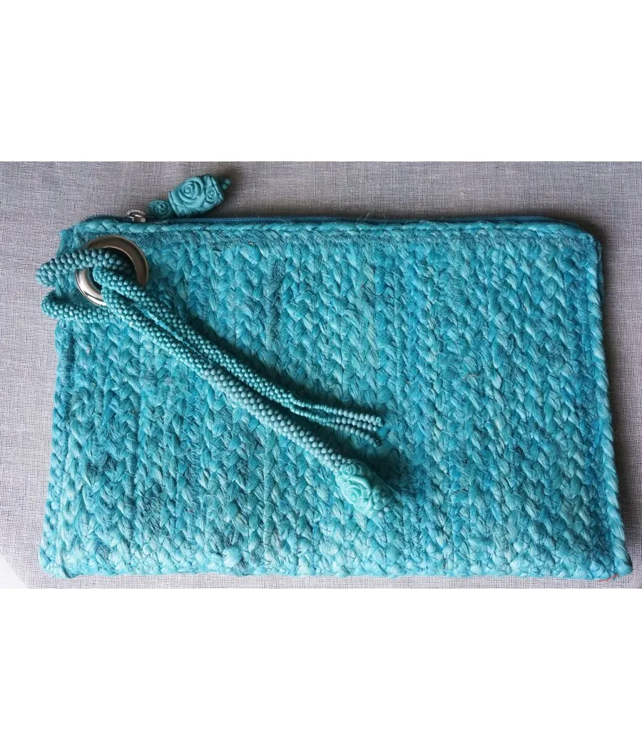 SANTAIA POCHETTE TRESSES DE JUTE TURQUOISE LANIERE PERLES BOHÊME CHIC