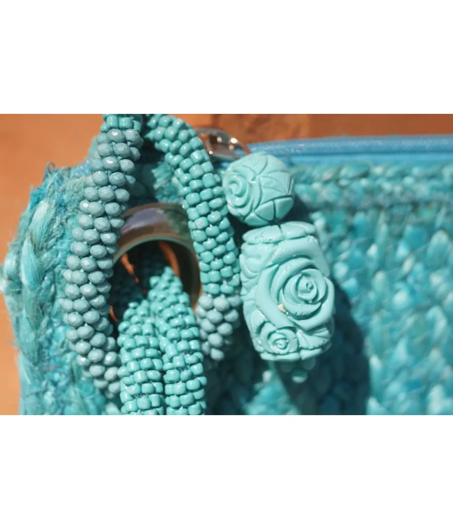 SANTAIA POCHETTE TRESSES DE JUTE TURQUOISE LANIERE PERLES BOHÊME CHIC