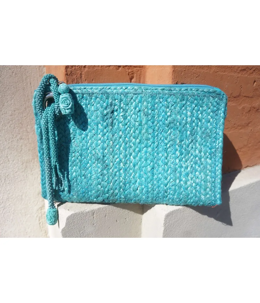 SANTAIA POCHETTE TRESSES DE JUTE TURQUOISE LANIERE PERLES BOHÊME CHIC