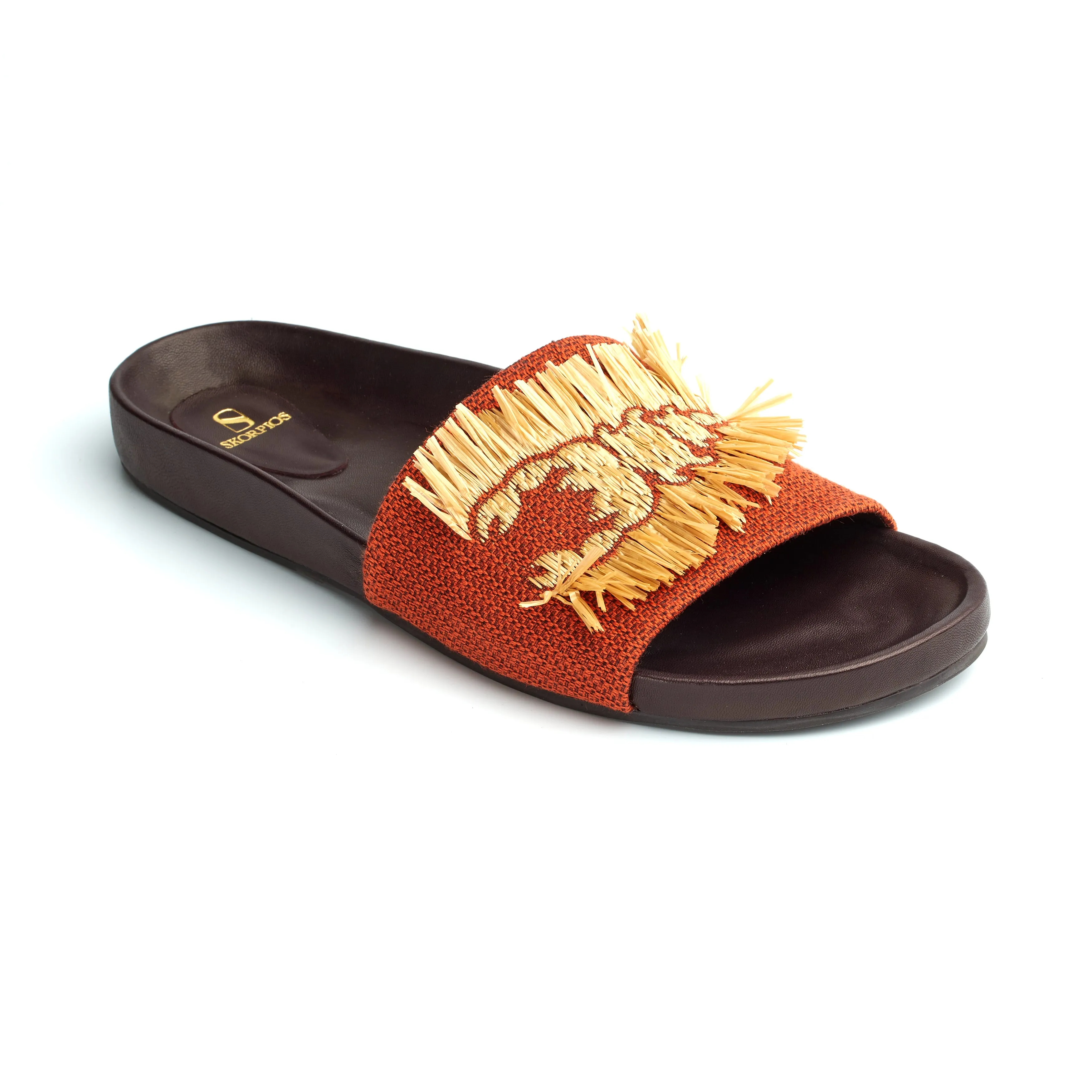 Sara Raffia Embroidered Orange Canvas Slides