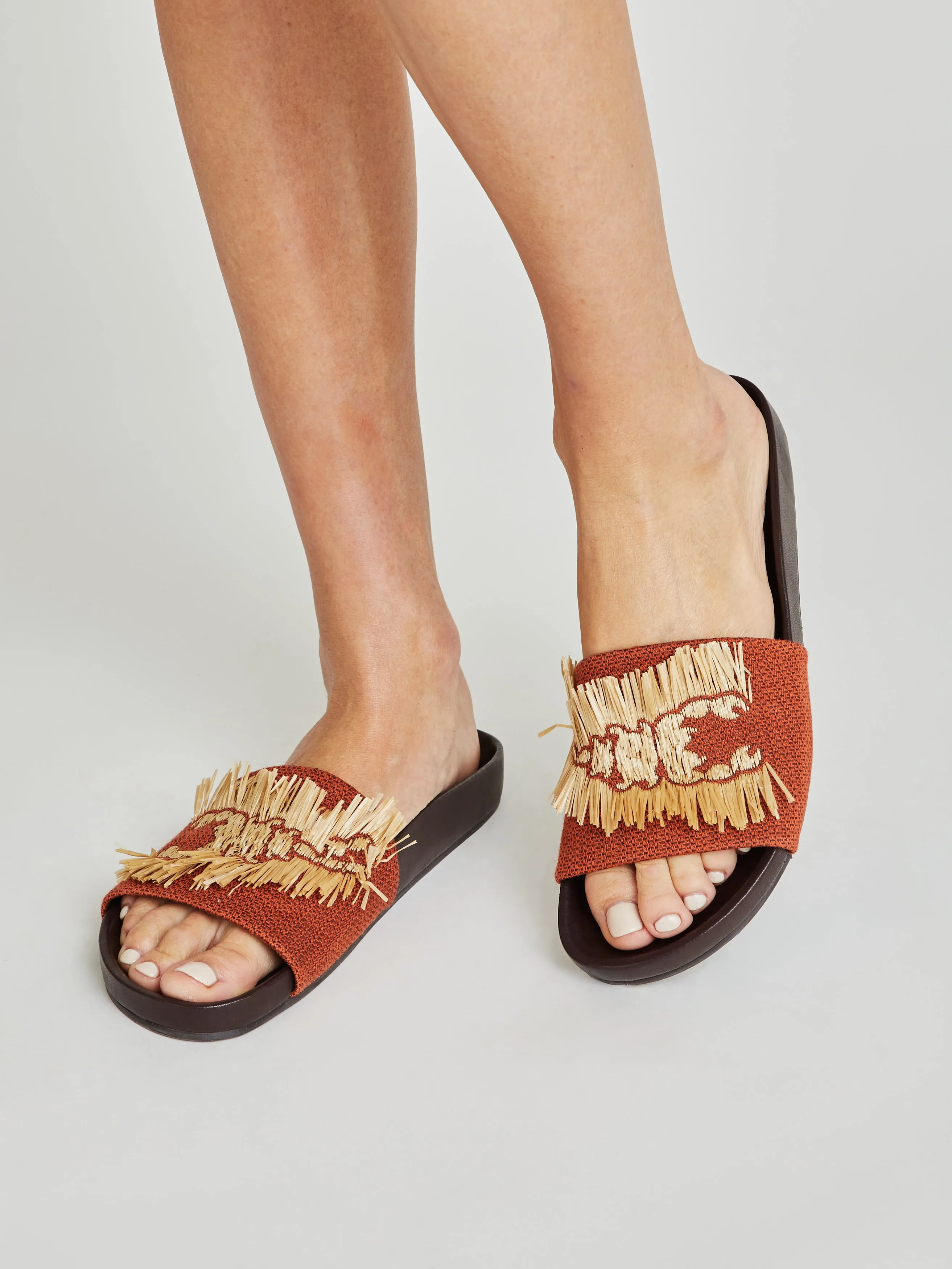 Sara Raffia Embroidered Orange Canvas Slides