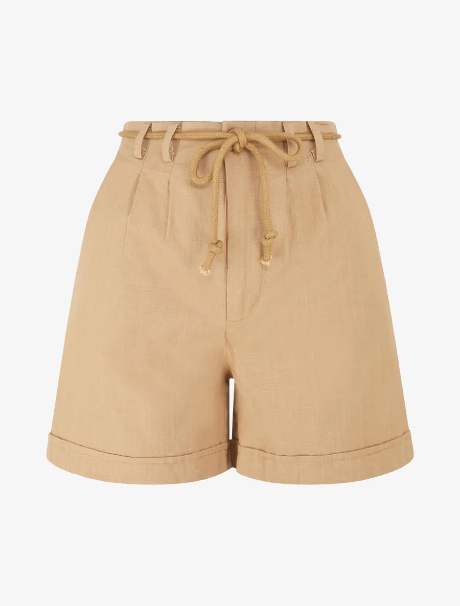 Short uni à revers effet lin - Camel