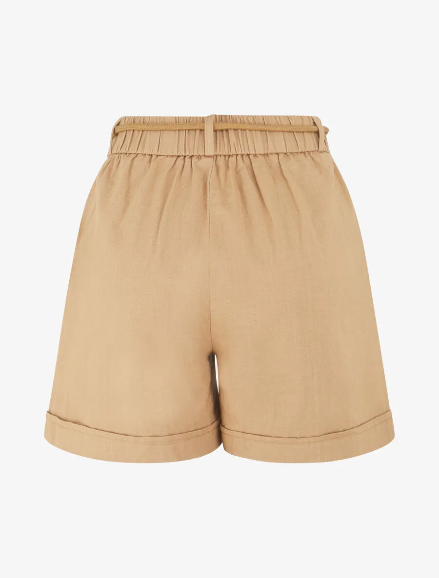 Short uni à revers effet lin - Camel