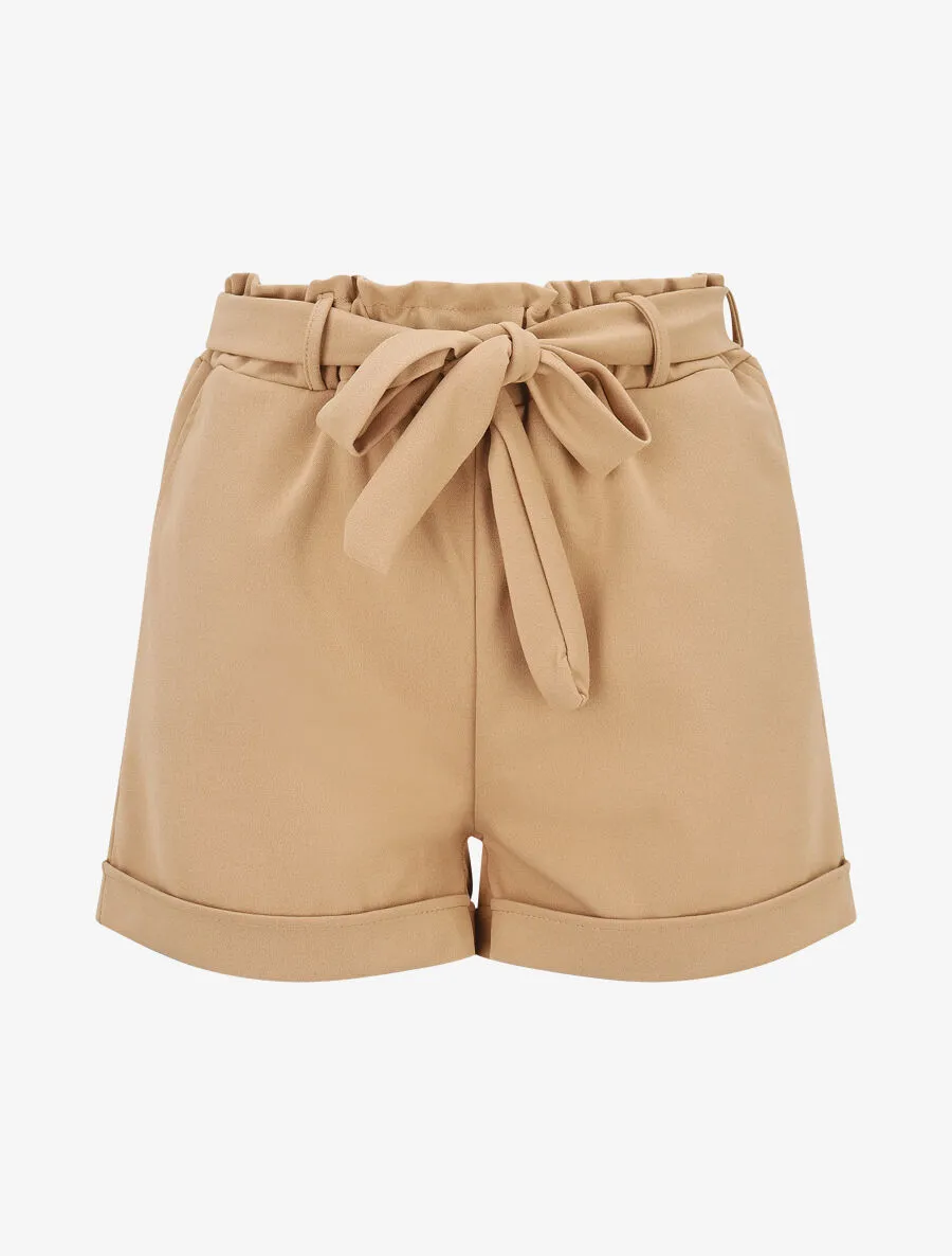 Short uni élastiqué à revers - Camel