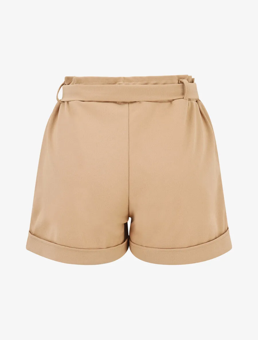 Short uni élastiqué à revers - Camel