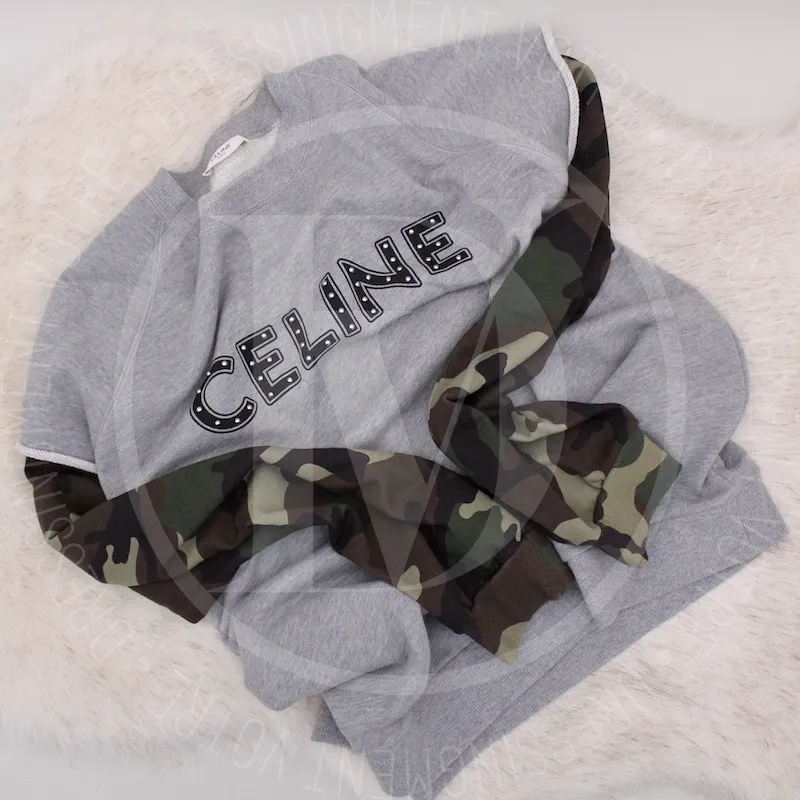 Sweat studs en coton gris et manches camouflage t.L – Céline