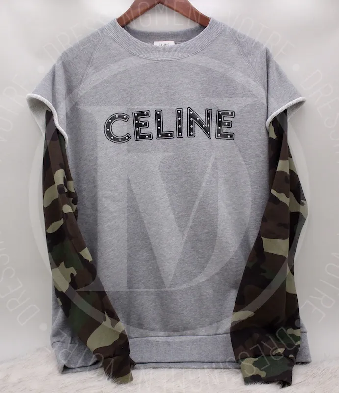 Sweat studs en coton gris et manches camouflage t.L – Céline