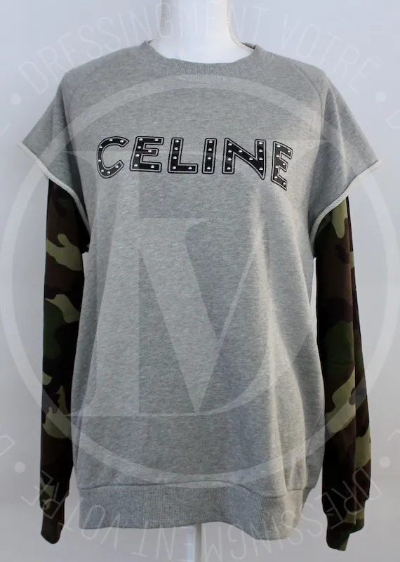 Sweat studs en coton gris et manches camouflage t.L – Céline