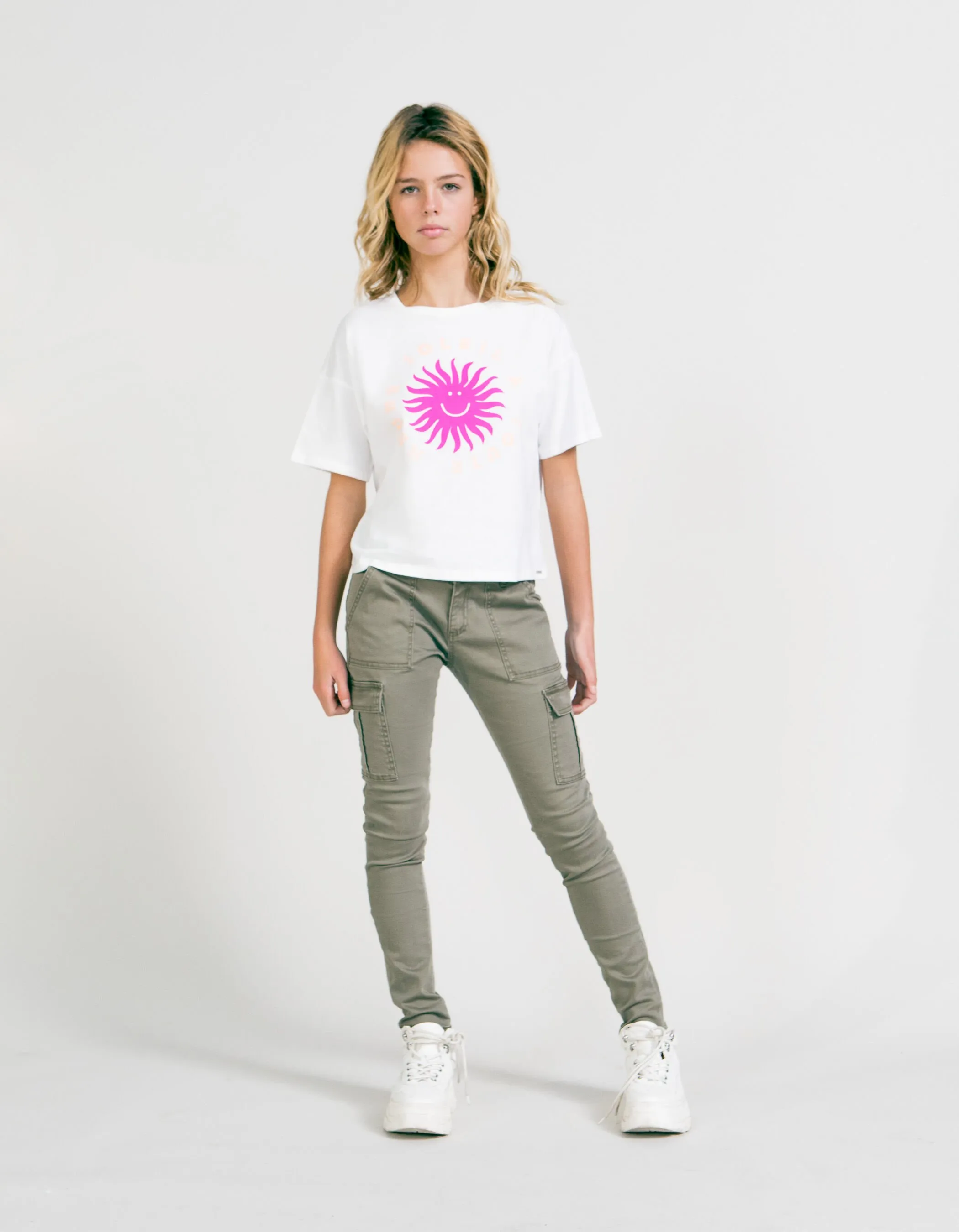 T-shirt blanc cassé visuel soleil rose fille