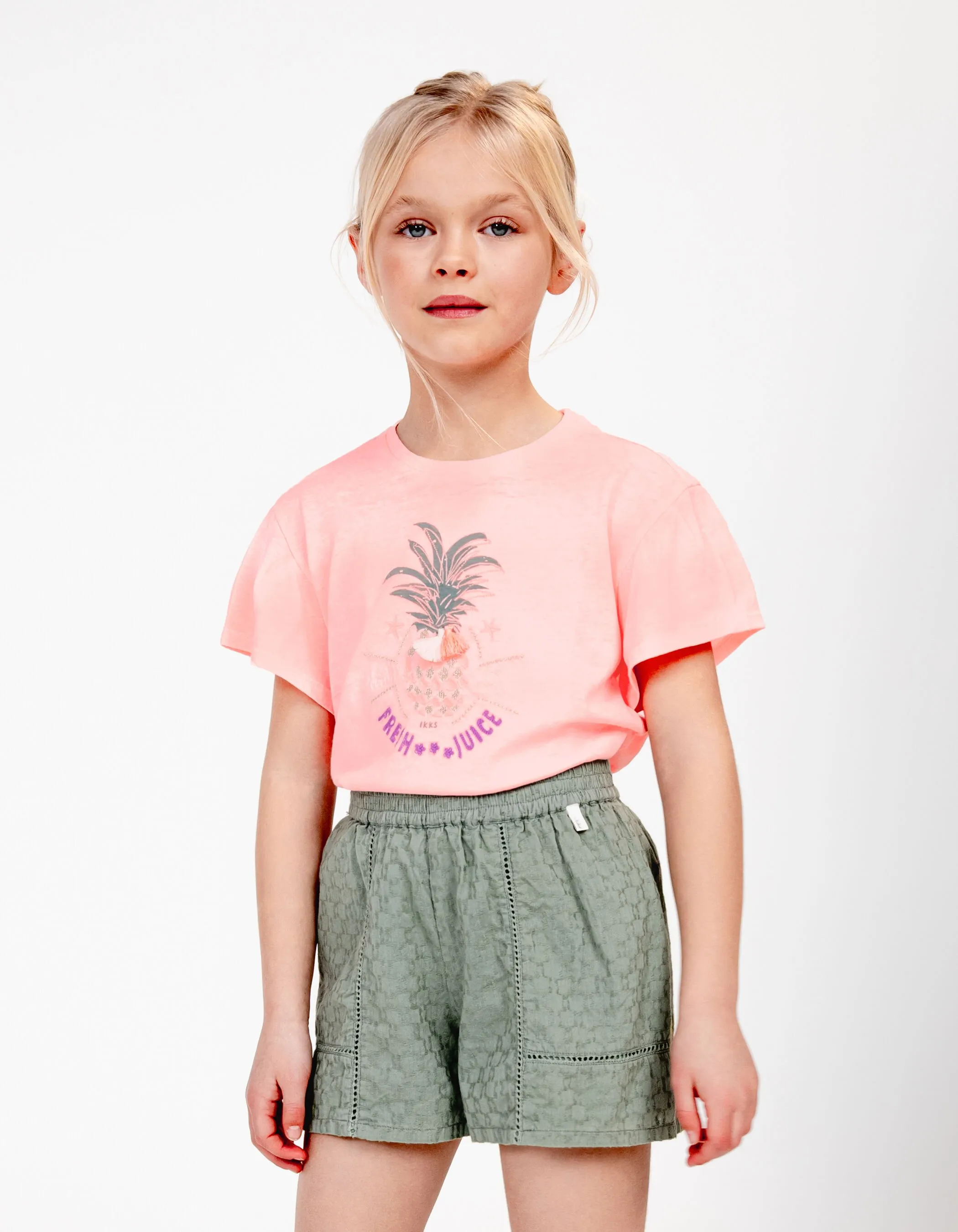 T-shirt rose fluo visuel ananas brodé fille