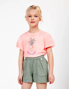 T-shirt rose fluo visuel ananas brodé fille