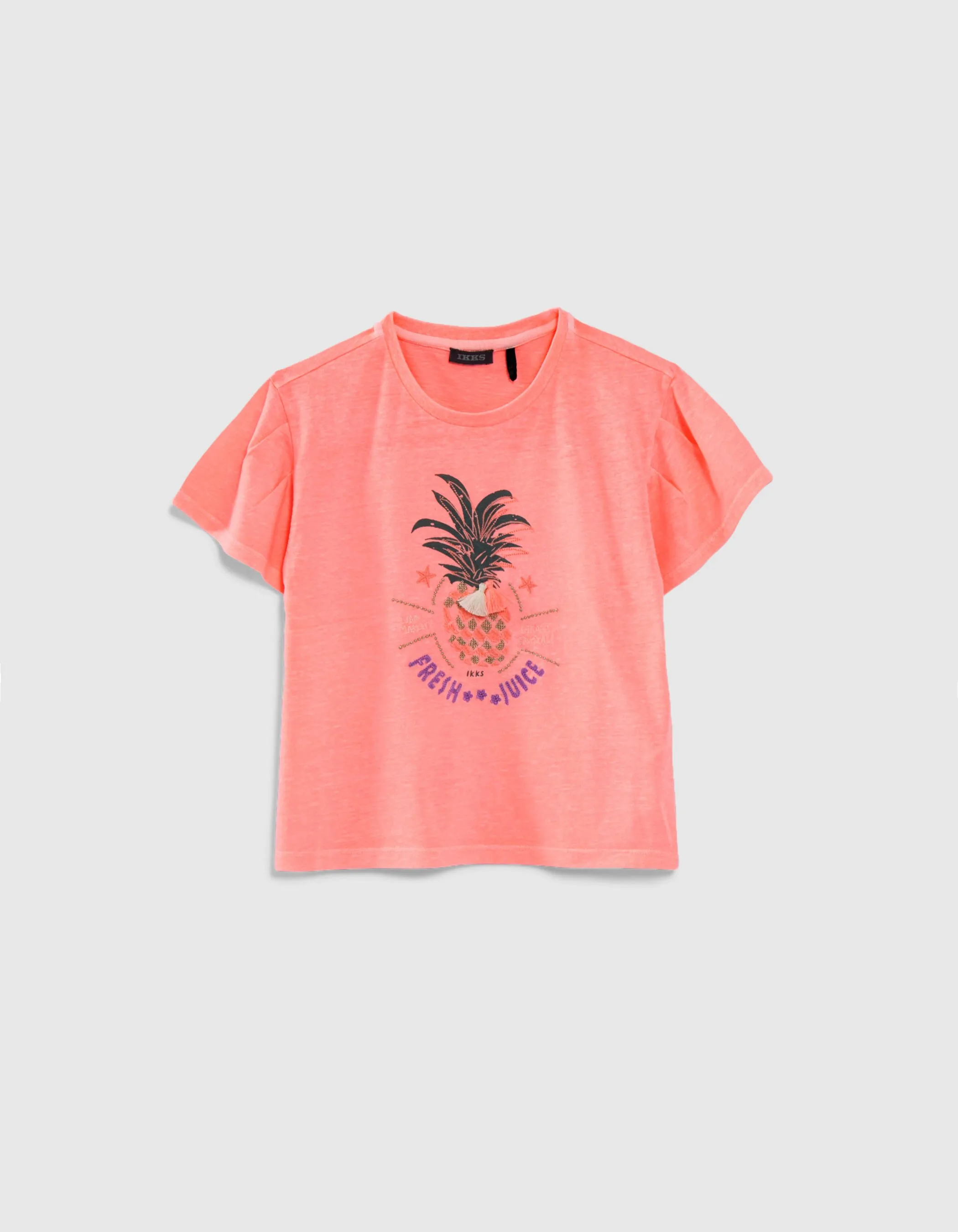 T-shirt rose fluo visuel ananas brodé fille