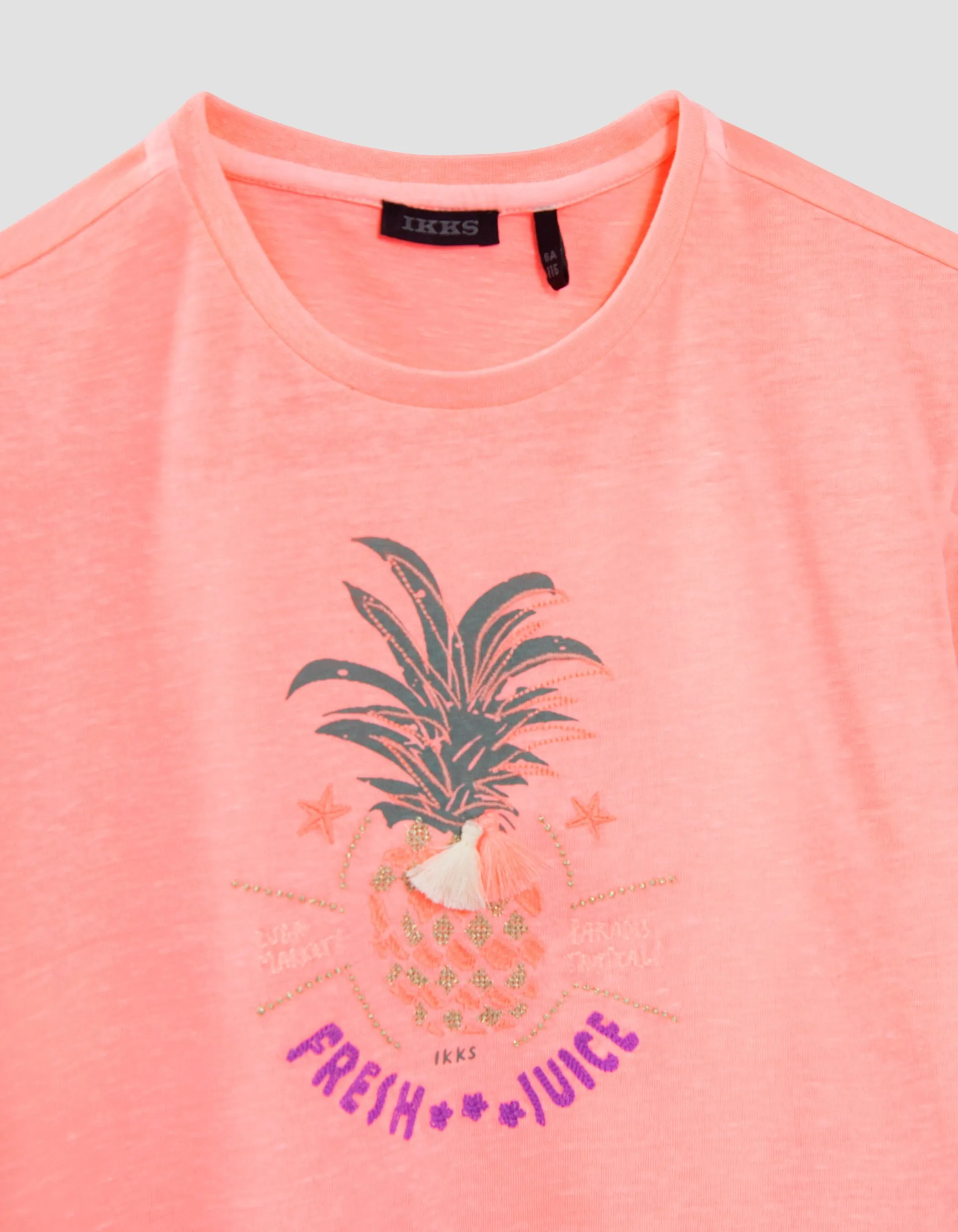 T-shirt rose fluo visuel ananas brodé fille