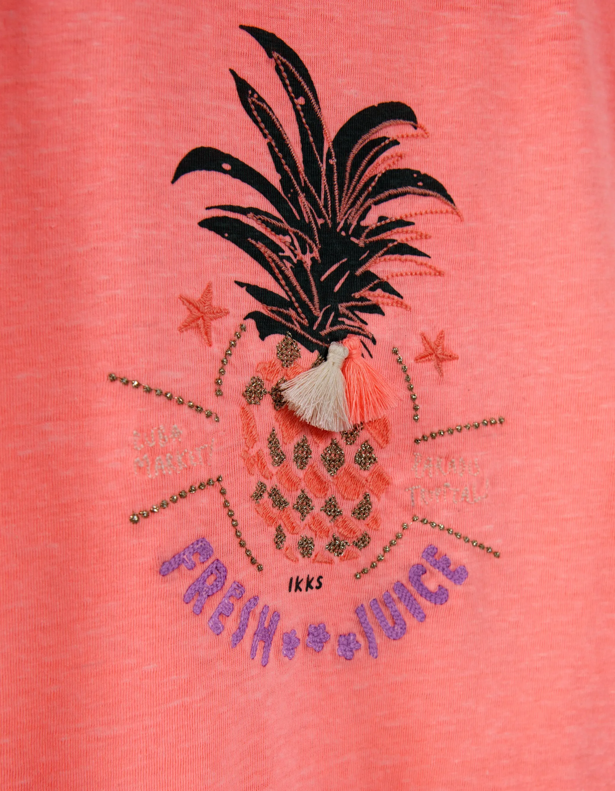 T-shirt rose fluo visuel ananas brodé fille