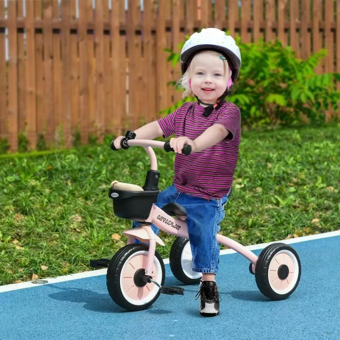 Tricycle enfant AIYAPLAY - Siège réglable avec dossier - Pédales antidérapantes - Panier avant - Rose blanc - Aiyaplay