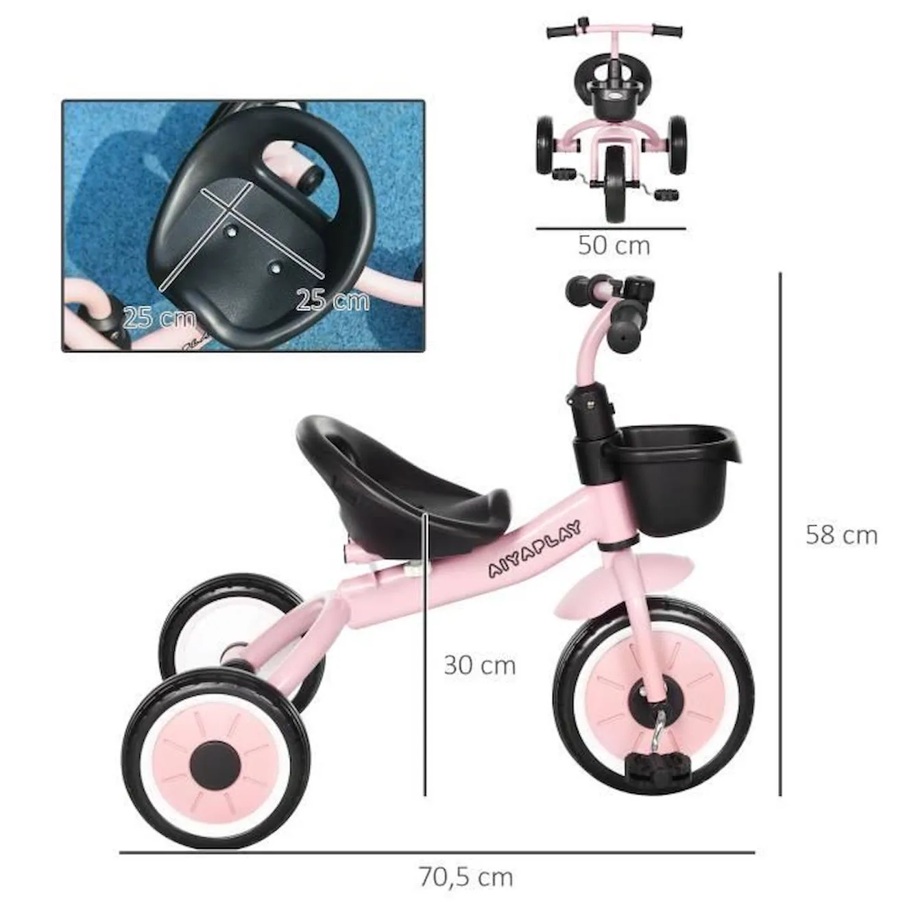 Tricycle enfant AIYAPLAY - Siège réglable avec dossier - Pédales antidérapantes - Panier avant - Rose blanc - Aiyaplay